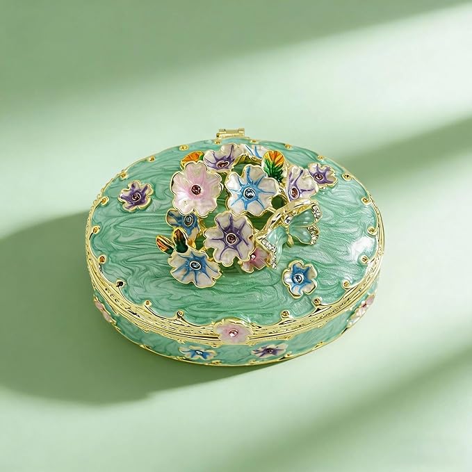 YU FENG Enamel Butterfly Trinket Box Jewelry Organizer, Decorative Hinged Keepsake Box – Green Floral Butterfly Box - Image 3