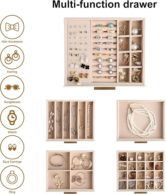 Frebeauty Clear Lid Jewelry Box,5-Layer Jewelry Organizer with Drawer,PU Leather Jewelry Organizers and Storage,Jewelry Boxes for Women,Jewelry Storage for Rings Earring Stud,Gift for Women(Beige) - Image 4