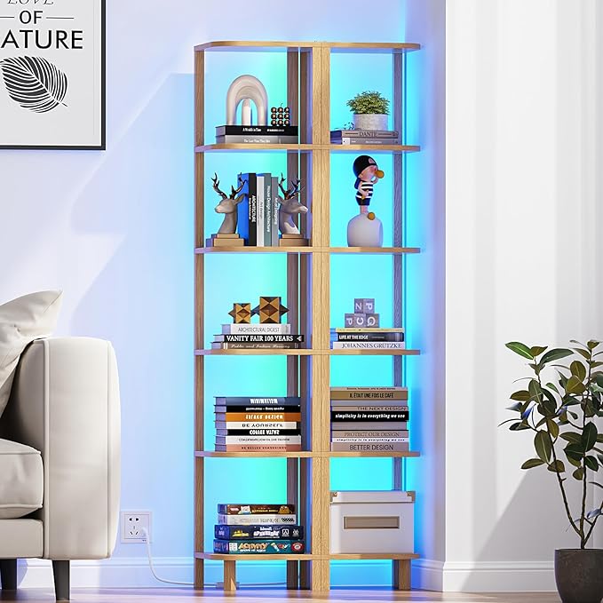 TUTOTAK Corner Shelf with LED Light, 6-Tier Corner Bookshelf for Small Space, Narrow Display Corner Shelf Stand with Storage Rack, for Living Room, Bedroom, Natural BS08BN006L - Image 5