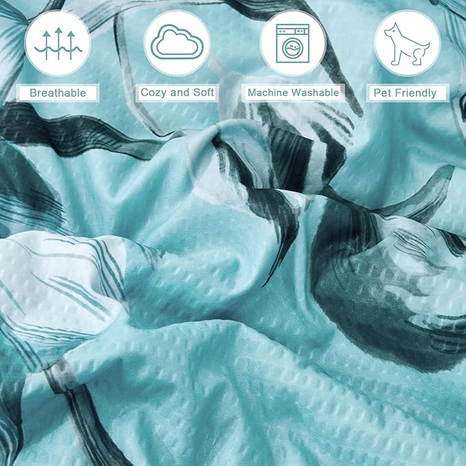 Luxudecor Floral Comforter Set Queen Size 7 Piece, Aqua Flower Bed in a Bag, Elegant Gradient Floral Comforter with Sheet Set, Soft Seersucker Microfiber Bedding Set for All Season (Aqua, 90"x90")