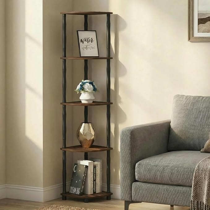 Furinno Turn-N-Tube Storage Shelves, 5-Tier Corner Book Shelf, Standing Corner Shelf, Toolless Open Shelves, Classic Tubes, for Organization and Storage, Living Room, Home Office, Amber Pine - Image 2