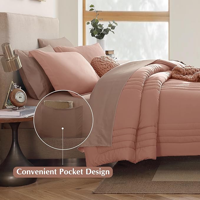 Monbix King Size Comforter Set - 7 Pieces Bed in a Bag King, Clay Pink Bedding Sets with Comforter, All Seasons Comforter Bed Set with Sheets, Pillowcases & Shams