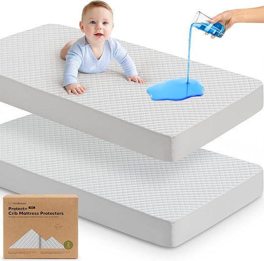 2-Pack Waterproof Crib Mattress Protector Cover Fitted - Quiet Baby Crib Mattress Pad Sheets, 52" x 28" Soft Quilted Cotton Baby Sheet, Machine Washable, Easy Fit, Durable (Pearl Gray/Quin)