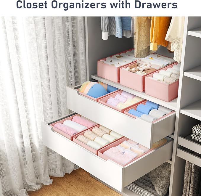 DIMJ Drawer Organizer Clothes - Underwear Organizer Small Sock Organizer Closet Organizers and Storage Box Dresser Drawer Dividers for Baby Clothes,Bra,Socks, Belt, Tie, Set of 12, Pink - Image 3