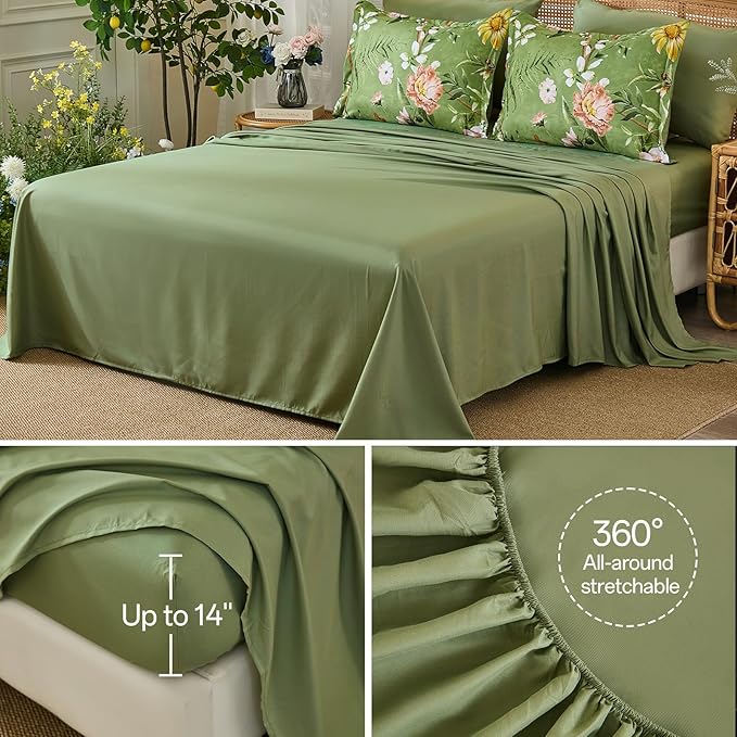 Yiran Sage Green Hibiscus Floral Comforter Set King Size, 7 Piece Bird Flowers Botanical Comforter Bedding Set, Vintage Bed in a Bag, Soft Microfiber Complete Bedding Set with Sheets for All Season