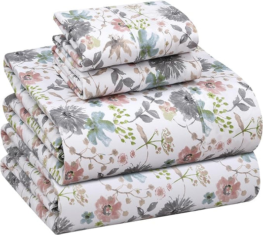 RUVANTI 100% Cotton Sheets – Full Size Percale Bedding, Cooling & Breathable Floral Design, Durable with a Crisp, Soft & Comfortable Feel, 16" Deep Pocket, 4-Piece Set, Dandelion Field