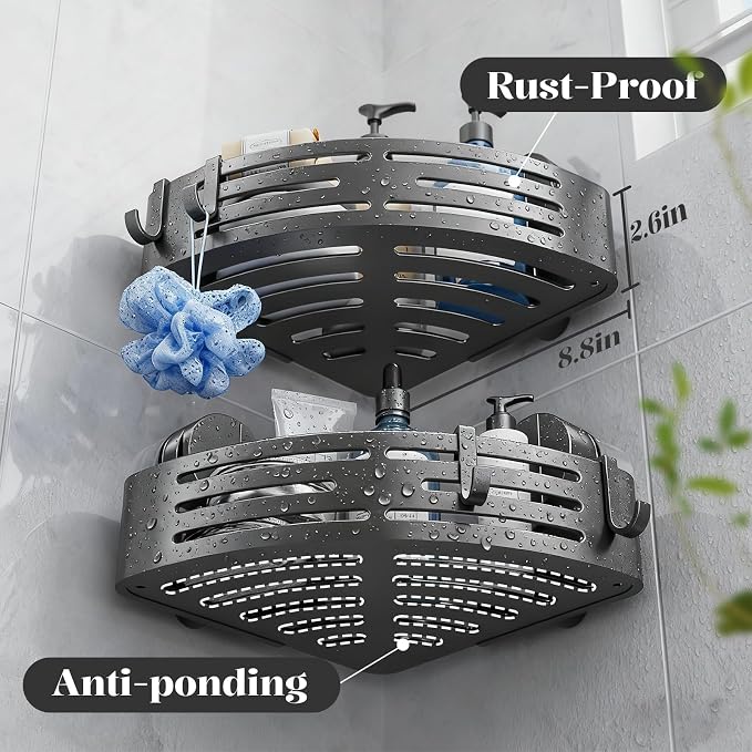 ONXE Suction Cup Shower Caddy,No Drilling Corner Shower Shelves Heavy Duty,Shower Organizer with Hooks,Rustproof Waterproof Space Aluminum Bathroom Storage,Home Accessories Decor - Image 2