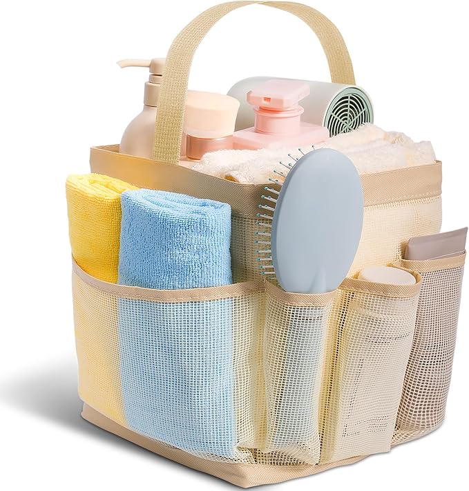 Mesh Shower Caddy for College Dorm Room Essentials for Girls with 9 Pockets,Large-Capacity Shower Basket,Quick Dry Toiletry Tote Bag for Women,Outdoor Gym,Travel,Swim,Beach Camping Essentials-Beige by Unknown