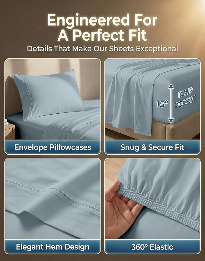LANE LINEN 100% Cotton Sheets Twin Size - 600 Thread Count Premium Sateen Weave for Gentle Feel On Skin - Extra Soft Hotel Quality Sheets for Dorm Rooms - Oeko Tex Certified - French Blue