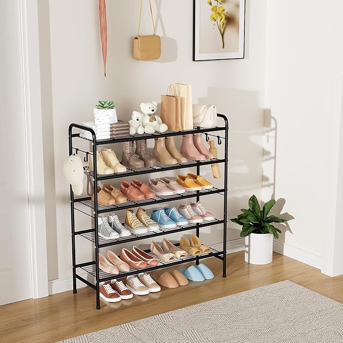 VILICK 5 Tier Shoe Rack 33" Wide Metal Shoe Organizer Long Shoe Storage with 4 Side Hooks Sturdy Shoes Shelf for Closet, Front Door Entrance, Garage, Dorm, Black - Image 2