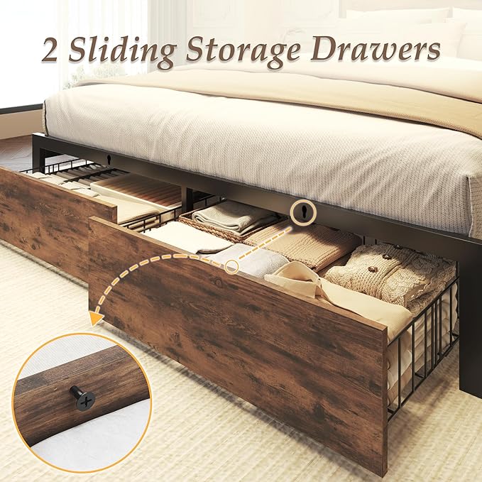 Lifezone Full Bed Frame with 2-Tier Storage Headboard, Metal Bed Frame with Storage Drawers & Built-in Charging Station & LED, Noise-Free, No Box Spring Needed, Easy Assembly, Retro Brown