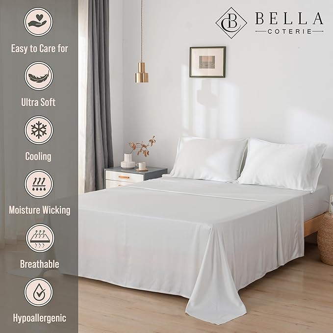 Bella Coterie Luxury Bamboo Viscose King Size Sheet Set | 100% Organically Grown | Ultra Soft | Cooling for Hot Sleepers | 18" Deep Pocket [Striped Coastal Blue]