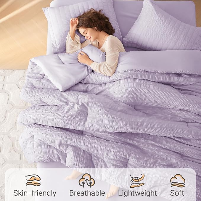 MUXHOMO 7 Pieces King Comforter Set, Seersucker Bed in a Bag King Size, All Season Luxury Bedding Set with Comforter, Flat Sheet, Fitted Sheet, Pillowcases & Shams, Lavender