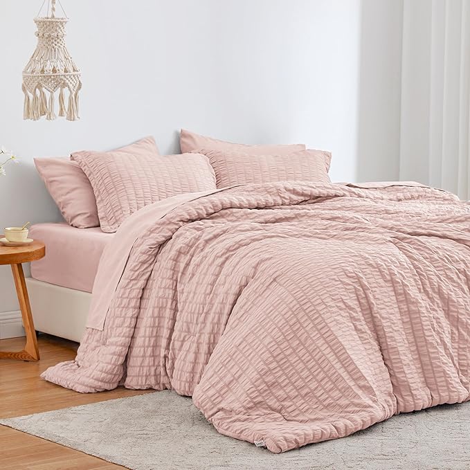 Love's cabin Seersucker Pink California King Comforter Set, 7-Piece All Season Lightweight Bed in a Bag Bedding Set with Comforter, Flat Sheet, Fitted Sheet, Pillowcases and Shams | Soft, Breathable, Lightweight