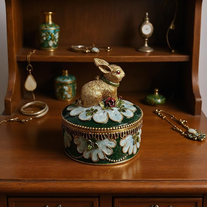 Handcrafted Rabbit Jewelry Box, Antique Gold Finish with Enamel Accents, Vintage Trinket Box for Rings and Small Keepsakes, Decorative Bunny Figurine Ornament - Image 4