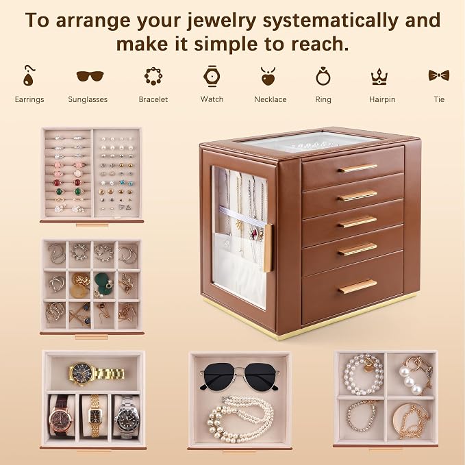 Homeanda Jewelry Box for Women with Glass Lid, 5 Drawers Jewelry Organizer and Storage for Necklaces, Rings, Earrings, Bracelets, Gift for Girls and Teens,PU Leather (Brown) - Image 4