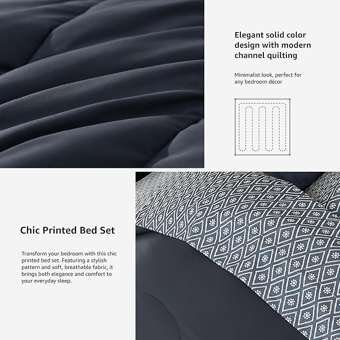 Monbix King Size Comforter Set - 7 Pieces Bed in a Bag King, Blue Grey Track Stitching Bedding Sets with Comforter, All Seasons Comforter Bed Set with Sheets, Pillowcases & Shams