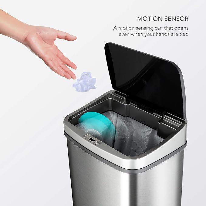 Ninestars DZT-50-28BR Automatic Touchless Motion Sensor Rectangular Trash Can, Black Top, 13 Gal. 49 L., Brush - Image 2