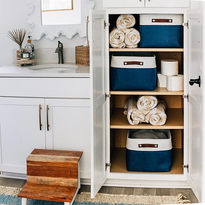 OrganiHaus Extra Large Fabric Storage Baskets for Shelves 3 Pack, 16x13in Closet Storage Bins, Canvas Baskets for Organizing, Linen Closet Organizers, Cloth Basket, Navy Blue/Off-White - Image 6