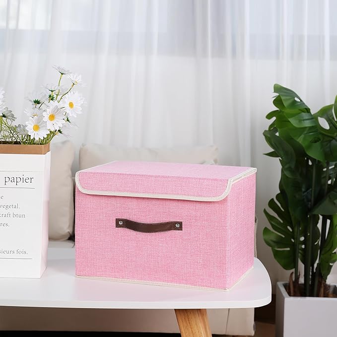 ANMINY 4PCS Storage Bin with Lid Storage Boxes with PU Leather Handles PP Plastic Board Decorative Foldable Lidded Cotton Linen Fabric Home Cubes Baskets Closet Organizer Container - Pink, Medium - Image 2