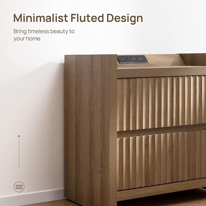 SICOTAS Night Stand Fluted Nightstands with Charging Station-Modern 2 Drawers Nightstand 25" Tall Bedside Table End Table, Large Night Stands for Bedroom, Sofa Side (Caramel Oak, 1 Piece)