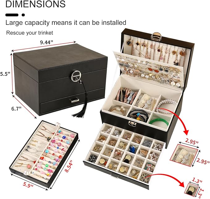 BOOVO Earring Jewelry Box For Women Girl Stud Organizer, 5 Layers Girl Jewelry Organizer Box With Lock Earring Holder Organizer Necklace Ring Jewelry Organizer Box For Girls (Black) - Image 3