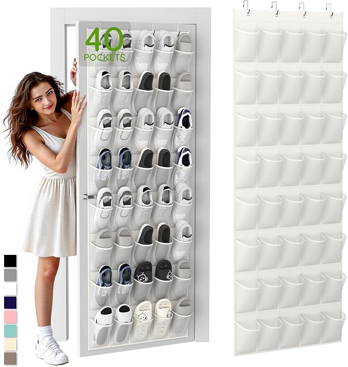 Unjumbly Over the Door Shoe Organizer with 40 Large Breathable Mesh Pockets, Space Saving Shoe Holder, Hanging Shoe Rack for Entryway Bedroom Closet Storage (White, 40 Pockets) by Unjumbly