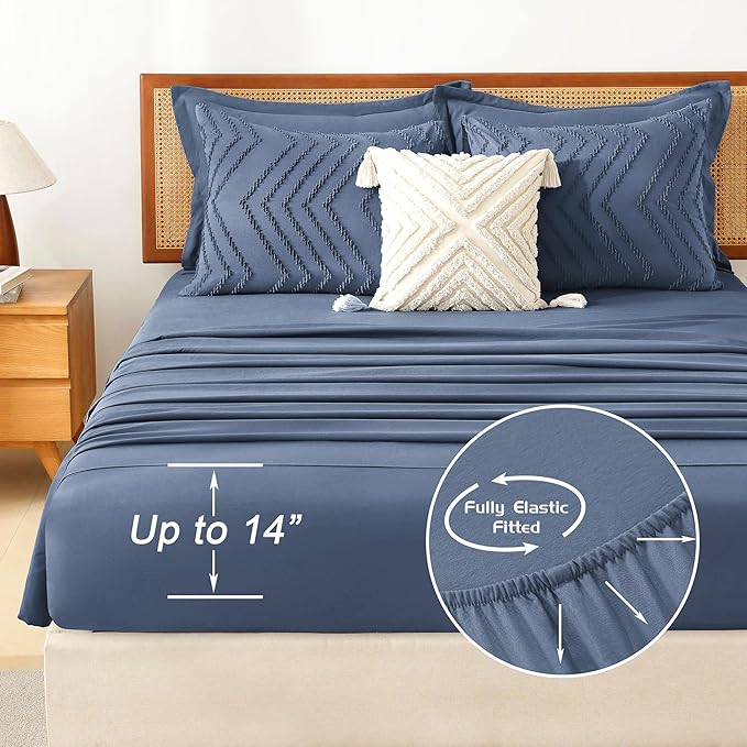 Litanika California King Size Comforter Set with Sheets Ocean Blue - 7 Pieces Bed in a Bag Cal King Chevron Tufted Complete Bedding Sets with Comforter, Sheets, Pillowcases & Shams