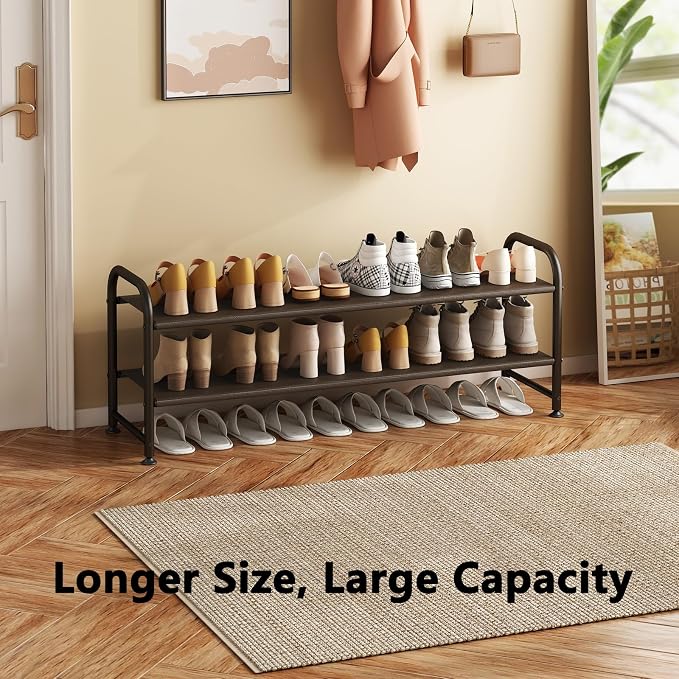INGIORDAR Shoe Rack 2 Tier Long Storage Organizer Wide Metal Shoe Shelf for Closet Entryway Brown - Image 4