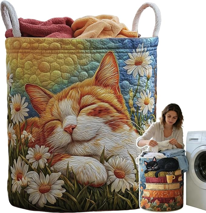 Cat Quilted Laundry Basket - 18"/22"/28", 2026 Large Quilted Cat Laundry Basket with Handles, Cozy Cat Fabric Storage Hamper for Nursery, Bedroom, Laundry Room, Clothes & Toys (8, M 16"X22") by Unknown