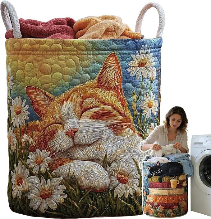 Cat Quilted Laundry Basket - 18"/22"/28", 2026 Large Quilted Cat Laundry Basket with Handles, Cozy Cat Fabric Storage Hamper for Nursery, Bedroom, Laundry Room, Clothes & Toys (8, L 20"X28”) by Unknown
