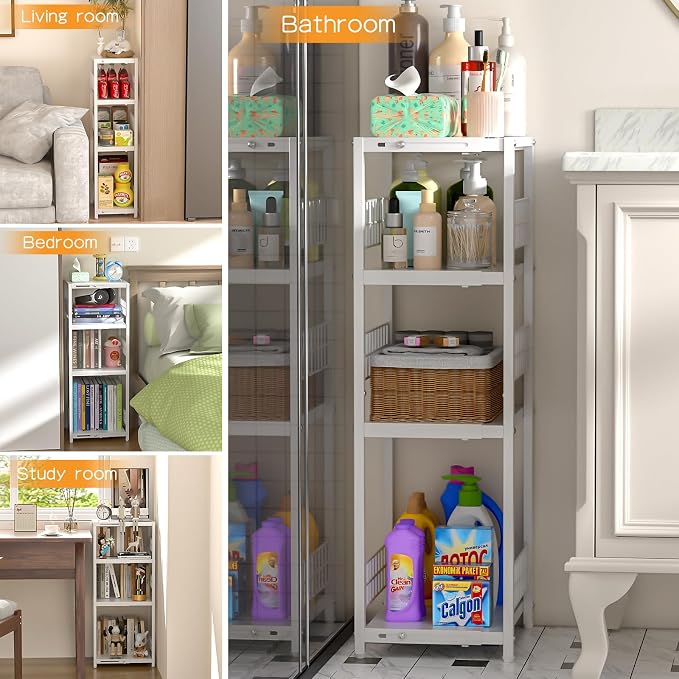 4 Tier Expandable Slim Storage Shelf, Metal Shelving Unit for Bathroom Storage Organizer, Freestanding Narrow Shelf for Small Spaces, Open Floor Shelves for Bathroom, Laundry Room, Kitchen,White - Image 6