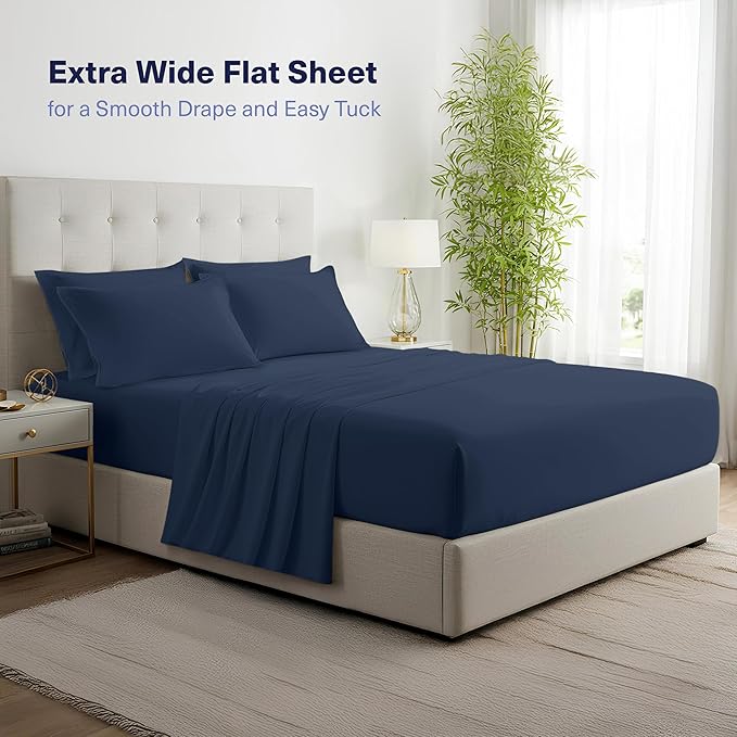 Kickoff Viscose Bamboo Sheets King Size 4-pc 100% Organic Bamboo Viscose Bed Cooling Sheets King Size Set Cool Bedding for hot Sleepers Sheet, Flat, Fitted, Pillowcases (Navy, K)
