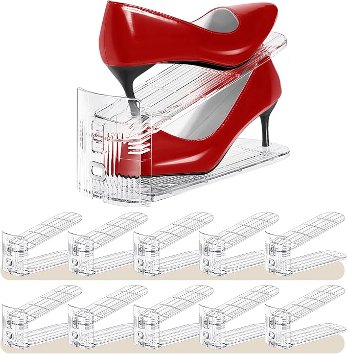 Shoe Slots Organizer 10 Pack - Shoe Stackers,3 Levels Adjustable,Space Savers 50%,Double Layer Holders for Closet (Transparent),Organizador de Zapatos by Tgzwme