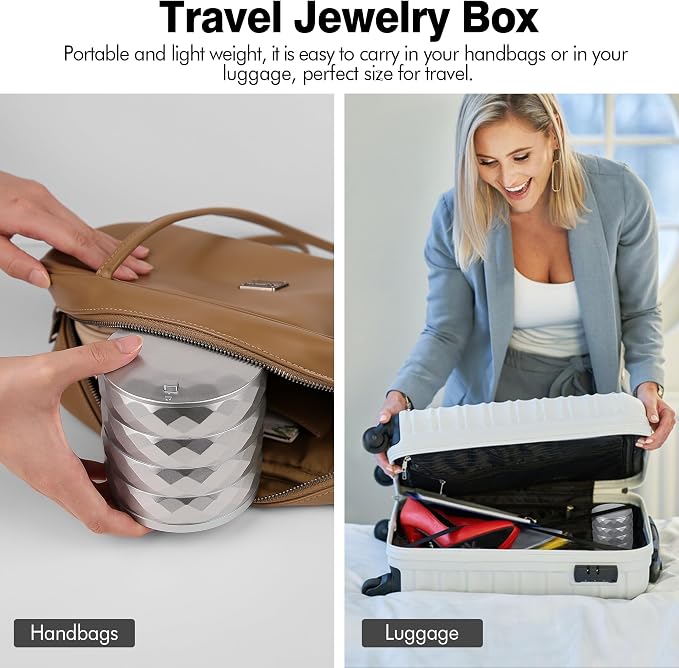CONBOLA Travel Jewelry Case Box, Small Jewelry Organizer Earring Holder for Women, 5-Layer Rotating Jewelry Storage Tray with Lid for Bracelets Rings Bracelets - Image 6