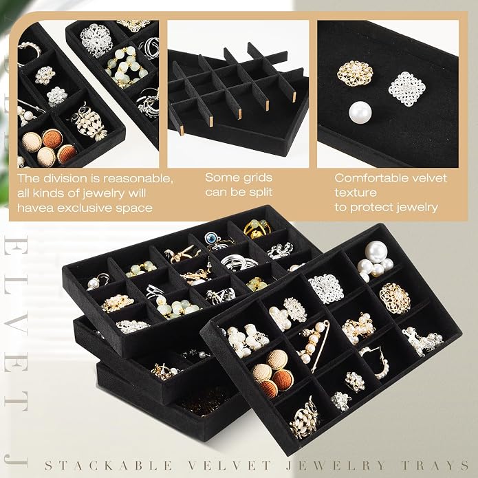 Junkin 12 Pcs Jewelry Tray Velvet Stackable Jewelry Organizer Trays Divided Earring Accessories Storage Containers Box (Rose Red) - Image 3