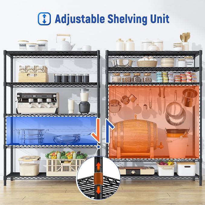 Romorgniz 5 Tier Storage Shelves 71"H Wire Shelving Adjustable Metal Shelving,1000LBS Pantry Shelves Sturdy Steel Wire Shelf for Kitchen Commercial Pantry Garage Warehouse ,71"H X35.5"W X13.8"D, Black - Image 7