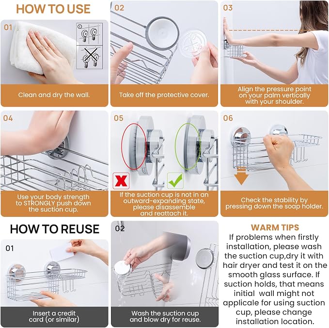 LEVERLOC Shower Caddy Suction Cup, Organizer with Hooks & Soap Holder for Inside Shower, Removable Bathroom Shelf-Silver - Image 6