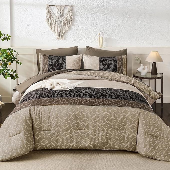 Dinjoy Boho Queen Comforter Set Light Brown,7 Piece Bed in a Bag Queen Size Warm Striped Bedding Sets with Plaid Fall Comforters Bed Set with Sheets for Family All Season