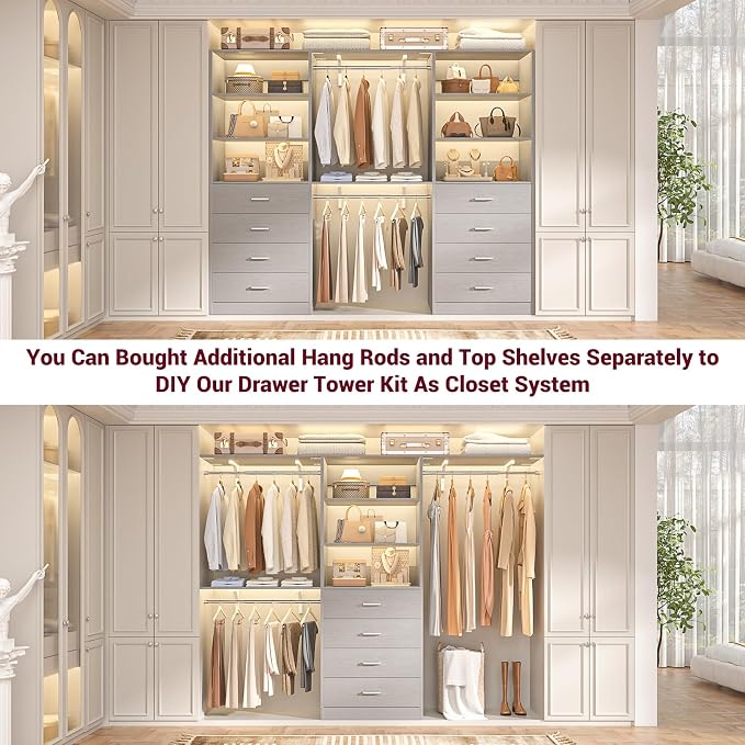 Aheaplus Closet Drawers System, 21.3" Wood Closet Organizer System with 4 Drawers, Modular Walk-in Closets System Storage Unit, Small Closets Wardrobe Rack, Tall Storage Cabinet Unit, Grey1 - Image 5