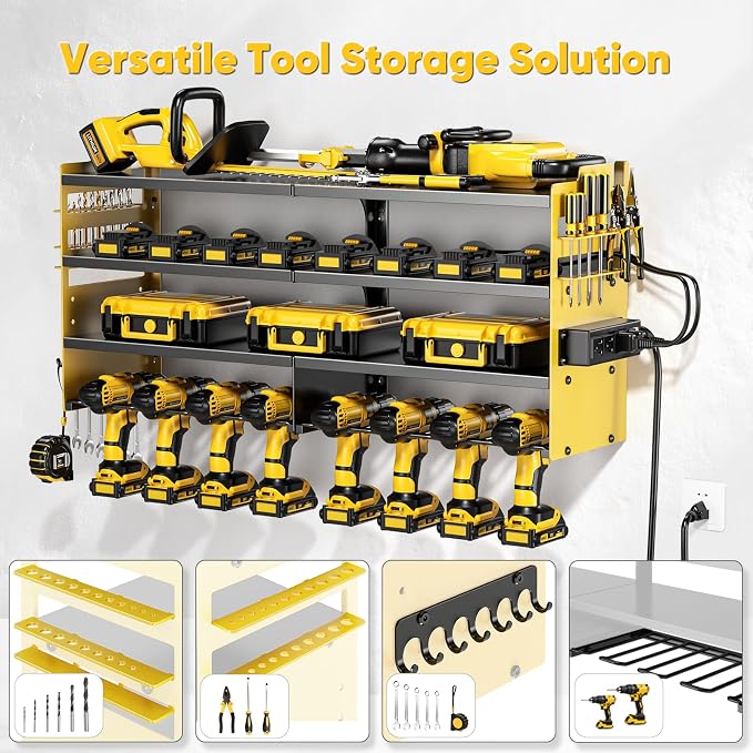 POKIPO Large Power Tool Organizer Wall Mount with Charging Station,4 Layer Heavy Duty Metal Storage Rack Loads 600lbs with 8 Cordless Drill Holder,Battery Utility Rack Gift for Garage workshops Room - Image 3