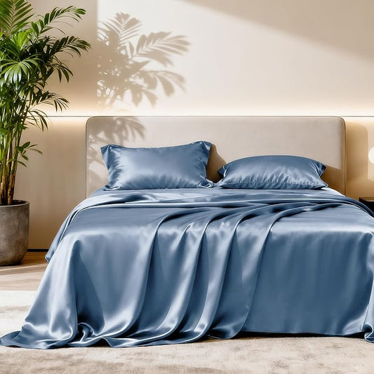 Love's cabin Satin Queen Sheets Set - 4 Piece Ash Blue Silky Bed Sheets Set with Deep Pocket, Luxury Silk Feel Satin Queen Size Sheet Set (1 Flat Sheet,1 Fitted Sheet,2 Pillow Cases)
