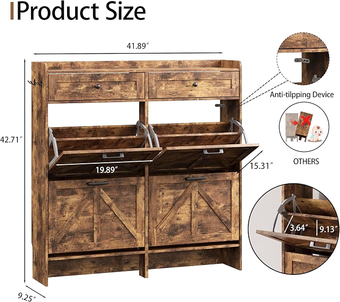 Shoe Cabinet with 4 Flip Drawers & 2 Top Drawers, 43" Tall Freestanding Narrow Wooden Shoe Storage Organizer for Entryway, Hidden Slim Shoe Rack for Front Door Entrance, Hallway, Living Room, Brown - Image 2