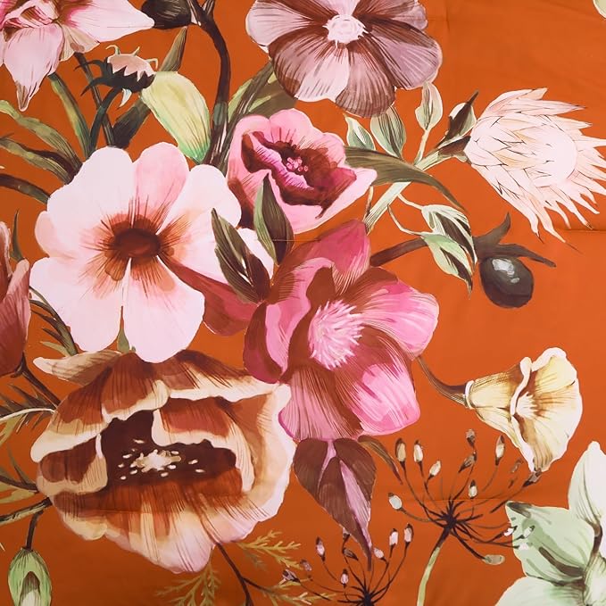 Luxudecor Terracotta Floral Comforter Set Queen Size 7 Piece, Flower Bed in a Bag, Elegant Floral Comforter with Sheet Set, Soft Microfiber Bedding Set for All Season (Terracotta, 90"x90")