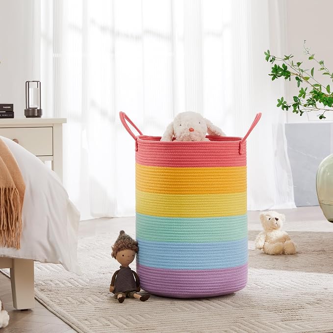 Rainbow 15"Dx20"H Baby Girls Kids Laundry Hamper Basket for Nursery Toddler Clothes Blanket Toy Storage Woven Rope Unicorn Hamper in Playroom Bedroom 60L Large - Image 4