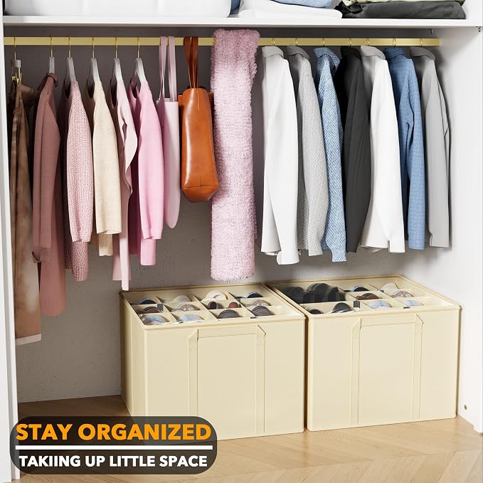 SpaceAid Shoe Organizer for Closet, 2 Pack Foldable Shoe Storage Containers Baskets Boxes Bins w/Adjustable Dividers, Fits 16-32 Pairs, Beige - Image 6