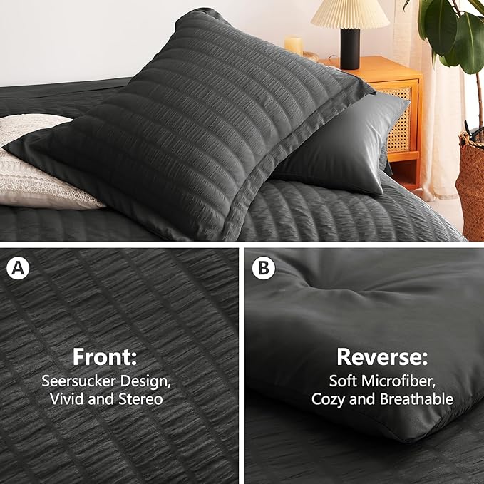 CozyLux Queen Comforter Set Dark Grey Seersucker 7 Pieces Bed in a Bag Queen Comforter Set with Sheets, Dark Gray Luxury Soft Bedding Set with Down Alternative Comforter, Sheets, Pillowcases & Shams