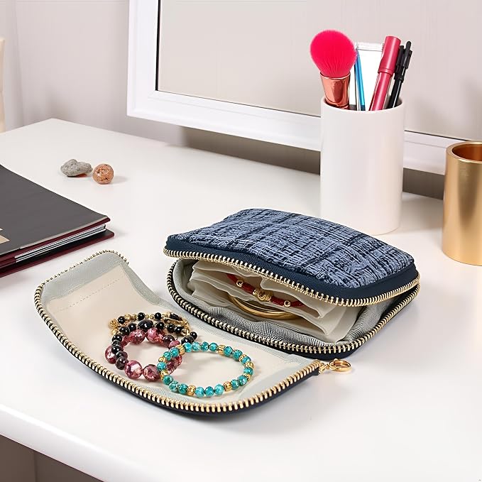 Small Travel Jewelry Case - Jewelry Travel Organizer Bag with Tassel Zipper for Bracelets, Necklaces, Bangles, Jewelry Organizer Storage Bag Gift for Women Girls - LJB002-Dark Blue - Image 5