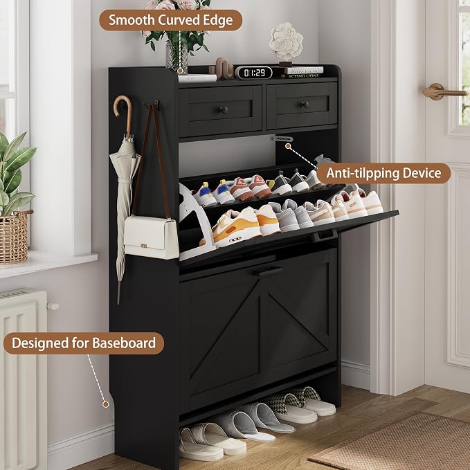 Shoe Cabinet with 2 Flip Drawers & 2 Top Drawers, 43" Tall Freestanding Narrow Wooden Shoe Storage Organizer for Entryway, Hidden Slim Shoe Rack for Front Door Entrance, Hallway, Living Room, Black - Image 5