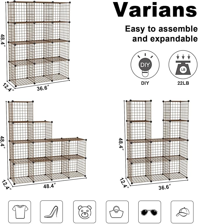 C&AHOME Wire Cube Storage, 12 - Cube Organizer Metal C Grids, Modular Shelves Units, Closet Organizer, Ideal for Home, Office, Living Room, 36.6”L x 12.4”W 48.4”H, Brown UWCS3012R - Image 3